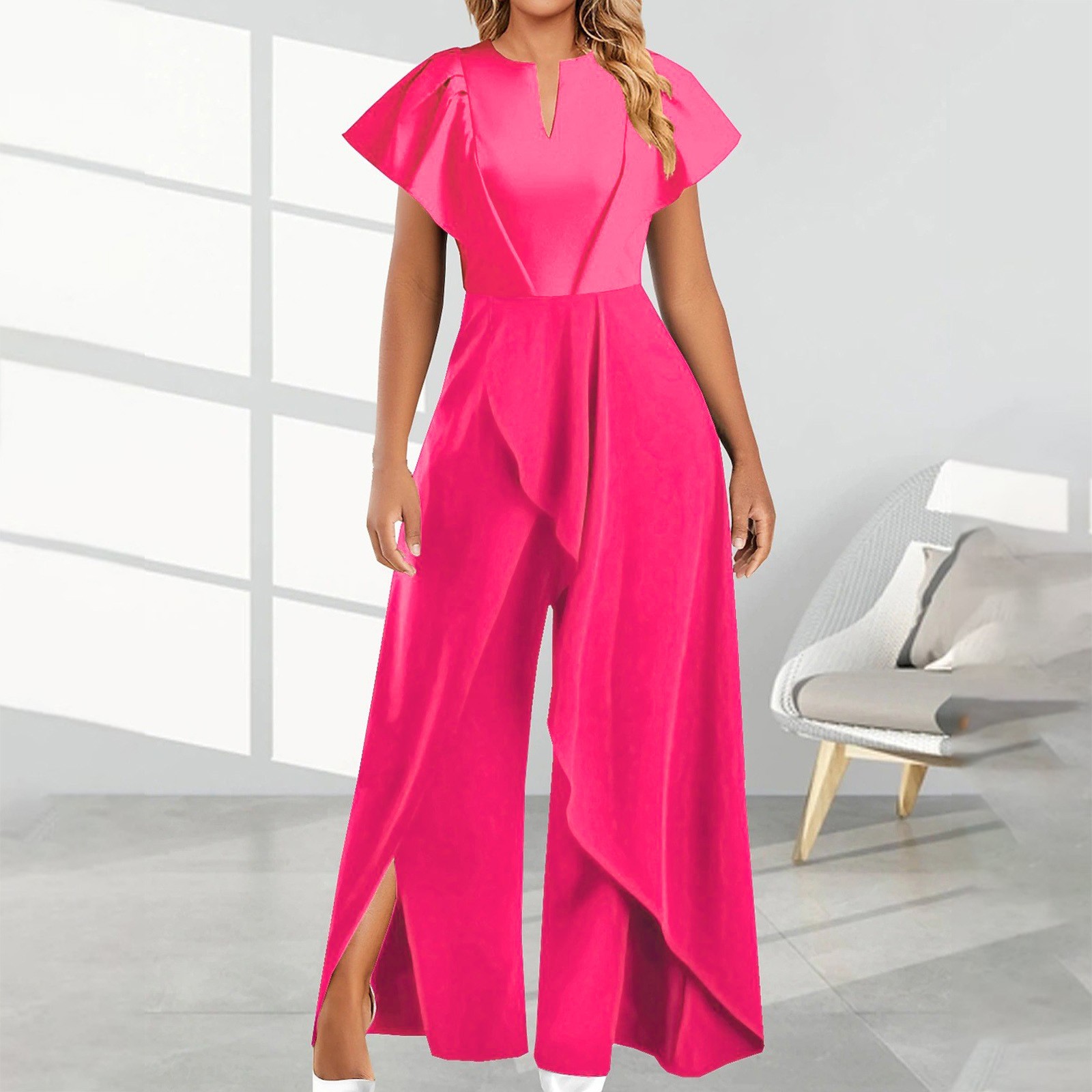 thumbnail image 2 of Mono largo de pierna ancha para mujer - Mangas elegantes de encaje, conjunto festivo para fiesta, poliéster, tallas S-XXL, 2 of 8